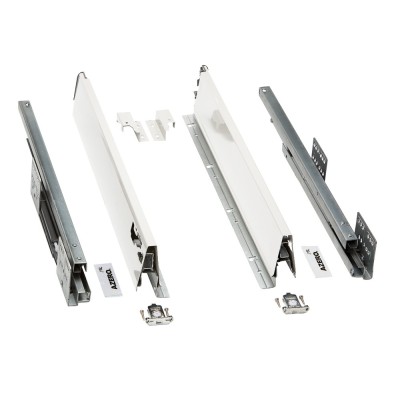 Cajón de cocina altura 84mm guía de freno de extracción total, rieles de hasta 50 kg de peso, color blanco laterales regulables Cajón de cocina altura 84mm guía de freno de extracción total, rieles de hasta 50 kg de peso, color blanco laterales regulables