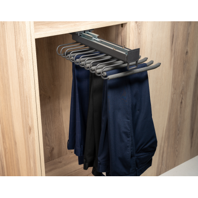PANTALONERO EXTRAIBLE, extracción total color antracita, 10 ganchos para colgar, guía sistema cierre silencioso, perchas PANTALONERO EXTRAIBLE, extracción total color antracita, 10 ganchos para colgar, guía sistema cierre silencioso, perchas
