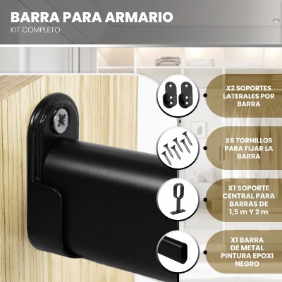 Barra Ovalada Negra para Armario - Varios Tamaños, Soporta hasta 80 kg, Corte a Medida, Incluye Soportes y Tornillos Barra Ovalada Negra para Armario - Varios Tamaños, Soporta hasta 80 kg, Corte a Medida, Incluye Soportes y Tornillos