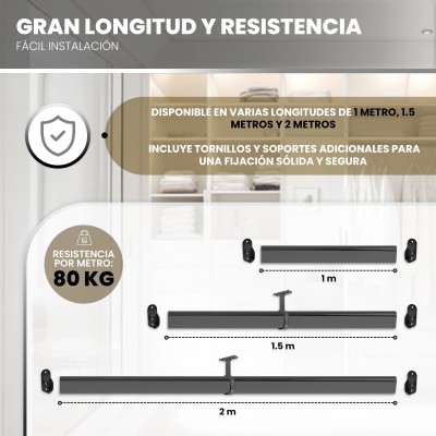 Barra Ovalada Negra para Armario - Varios Tamaños, Soporta hasta 80 kg, Corte a Medida, Incluye Soportes y Tornillos Barra Ovalada Negra para Armario - Varios Tamaños, Soporta hasta 80 kg, Corte a Medida, Incluye Soportes y Tornillos