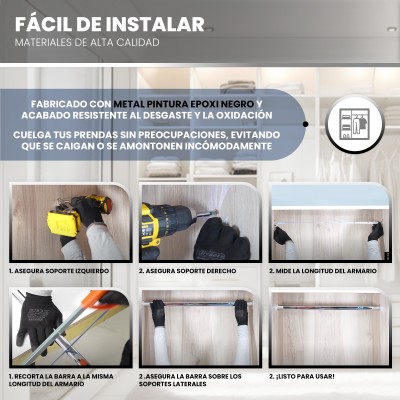 Barra Ovalada Negra para Armario - Varios Tamaños, Soporta hasta 80 kg, Corte a Medida, Incluye Soportes y Tornillos Barra Ovalada Negra para Armario - Varios Tamaños, Soporta hasta 80 kg, Corte a Medida, Incluye Soportes y Tornillos