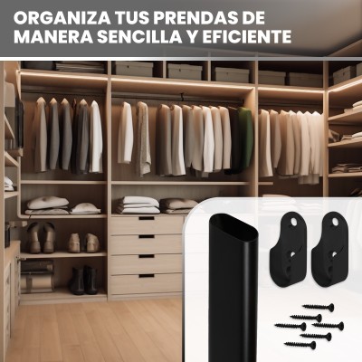 Barra Ovalada Negra para Armario - Varios Tamaños, Soporta hasta 80 kg, Corte a Medida, Incluye Soportes y Tornillos Barra Ovalada Negra para Armario - Varios Tamaños, Soporta hasta 80 kg, Corte a Medida, Incluye Soportes y Tornillos
