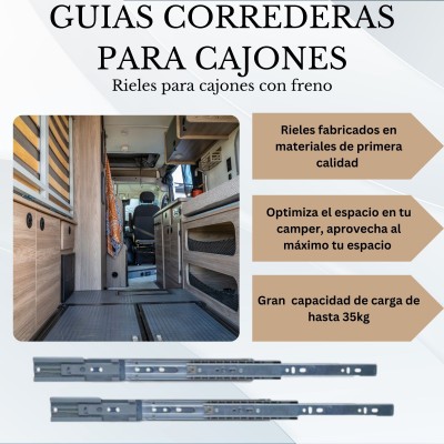 Guias correderas para cajones-Rieles para cajones-Rieles Camper-Extraccion Total-Con Freno-Gran longitud-Resistencia 35kg Guias correderas para cajones-Rieles para cajones-Rieles Camper-Extraccion Total-Con Freno-Gran longitud-Resistencia 35kg