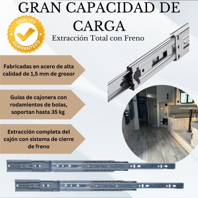 Guias correderas para cajones-Rieles para cajones-Rieles Camper-Extraccion Total-Con Freno-Gran longitud-Resistencia 35kg Guias correderas para cajones-Rieles para cajones-Rieles Camper-Extraccion Total-Con Freno-Gran longitud-Resistencia 35kg