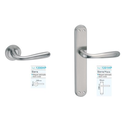 Juego manivela, manilla para puerta níquel satinado plata cuadradillo